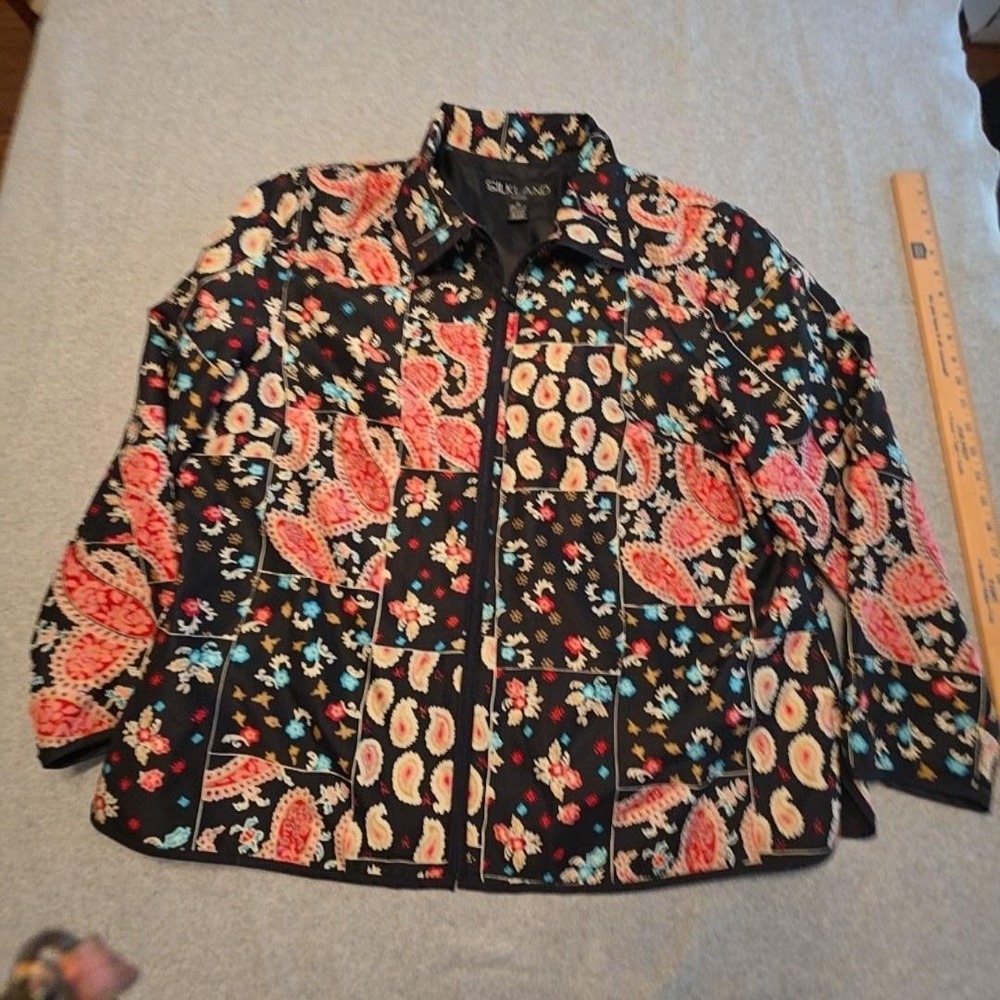 Silkland Jacket Womens 2X Multicolor Silk Paisley Zip Front Lined Boho Collared